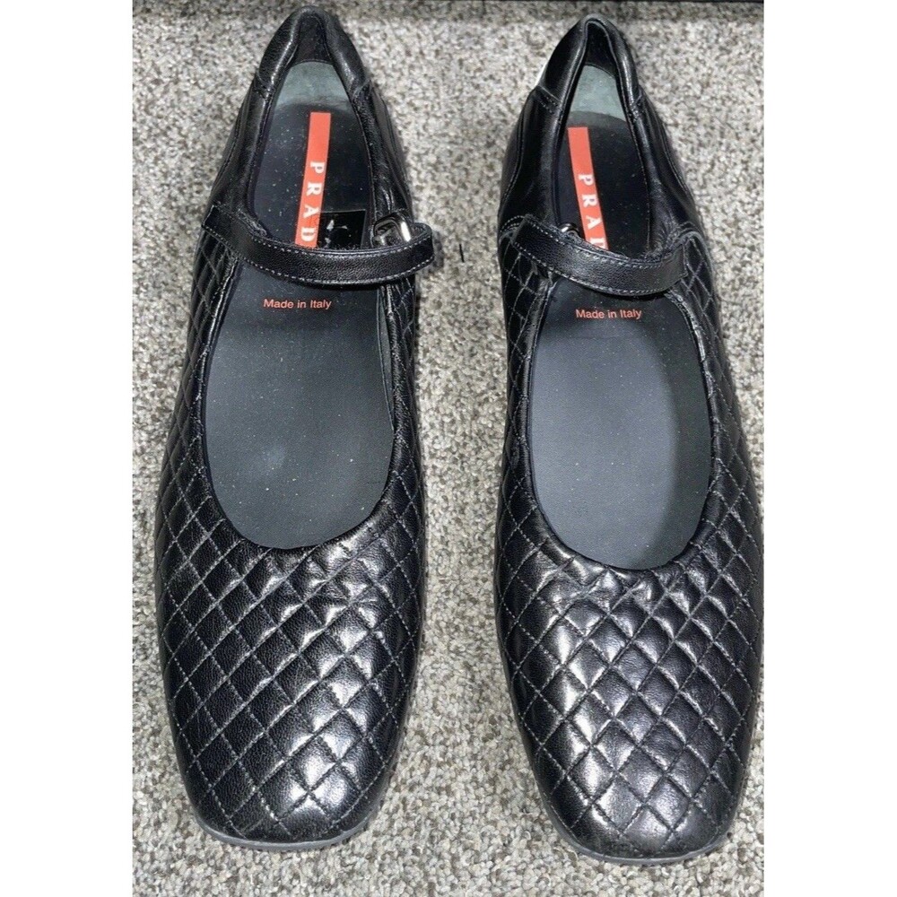 Prada Black Quilted Mary Jane Flats 38 Leather Sport Ballet Made in Italy